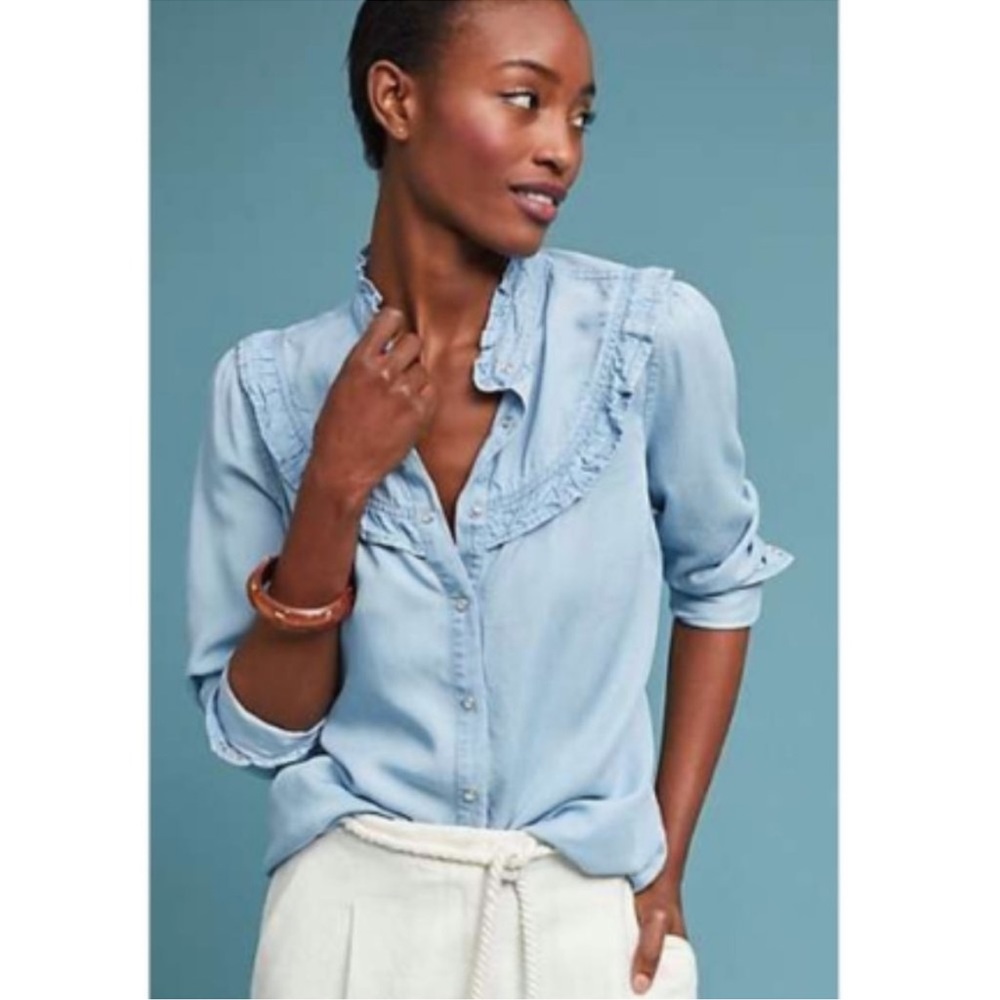Anthropologie Light Blue Ruffle-Trim Chambray Blouse